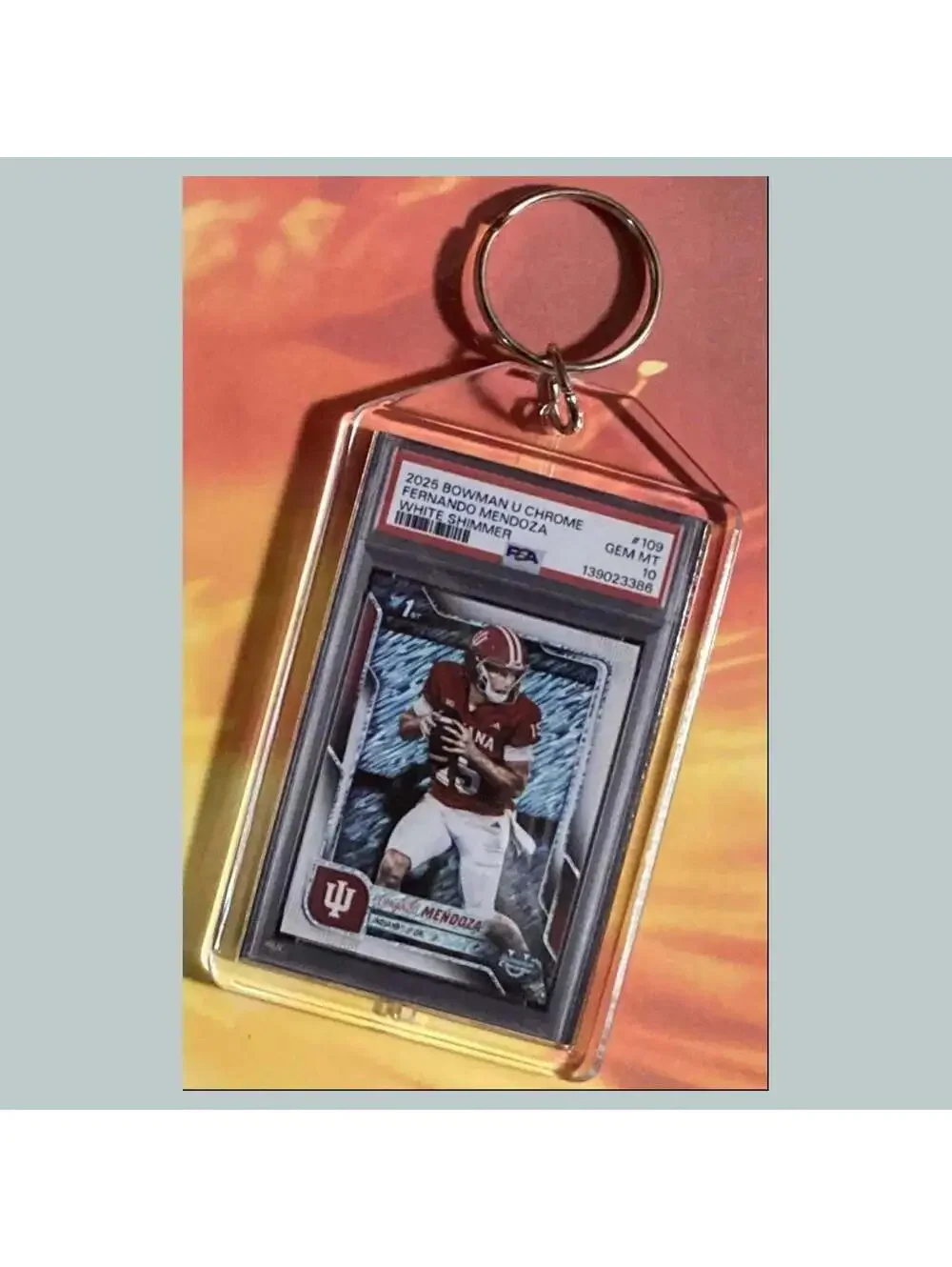 3731 Fernando Mendoza 2025 Bowman U White Shimmer Custom Hand Made Keychain